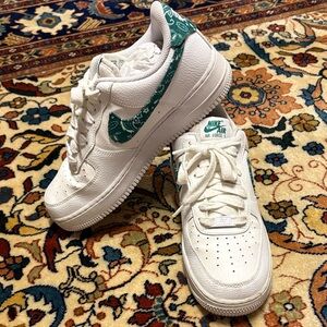 Nike Air Force 1 White Sneakers with Green Paisley Swoosh